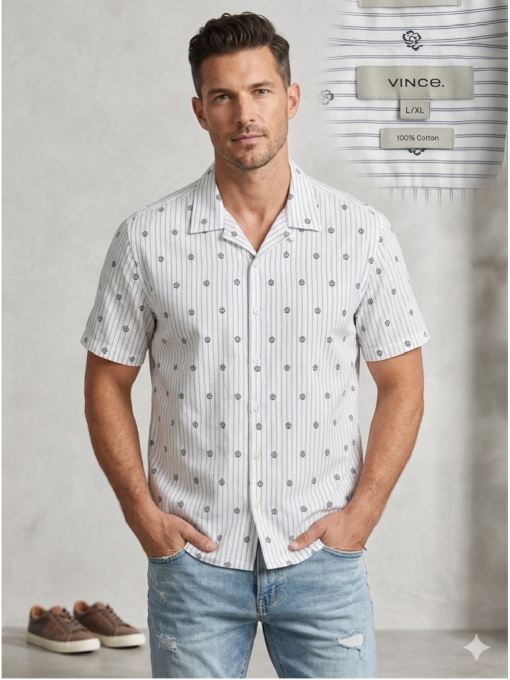 Men's Ted Baker Casual Button Down Shirt Size L White Blue Striped Floral 1927